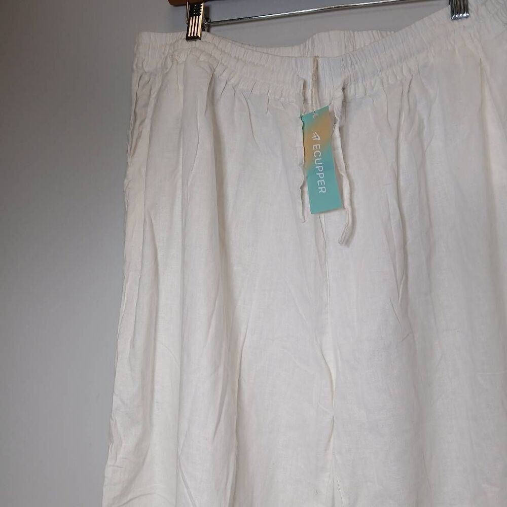 Ecupper womens xl linen cotton white pants Hi Rise Wide Leg cropped - Picture 3 of 10